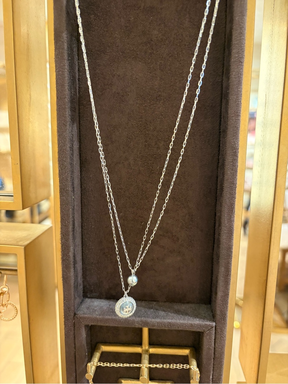 Tory Burch moondance 2 layer silver Tone Pave small Logo Pendant Necklace new